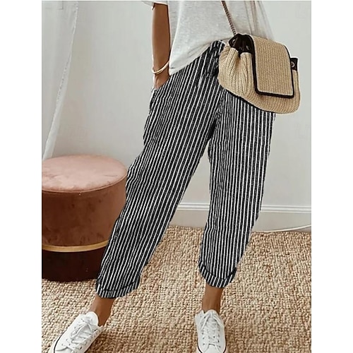 Mulheres Calças Casual Diário Mimolet Listrado Com Cordão Bolsos laterais Respirabilidade Confortável Sem Elasticidade Final de semana Preto Primavera Verão Normal
