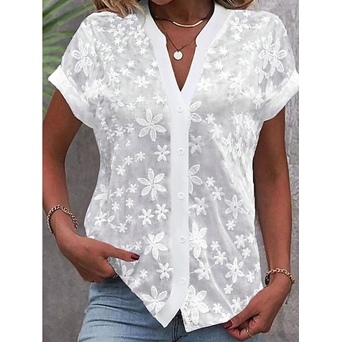 Hemd Spitzenbluse Bluse Elegante Oberteile Damen Weiß Einfach Spitze Knöpfe Straße Täglich Basic Modern V Ausschnitt Normale Passform S