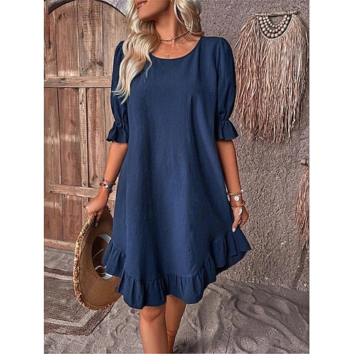 Femmes Noir Rouge bleu marine Été Printemps Robe Midi Robes inspirées du lin Robe en coton et lin Robe d'été en coton Occasionnel Vacances Quotidien Coupe Ample Uni Col ras du cou