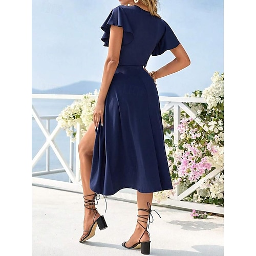  Dame Elegant kjole Midikjole Chiffon Flettet Drapering Fest Bryllupsgjest Cocktailfest Elegant Crew-hals Ermeløs Mørkeblå Farge