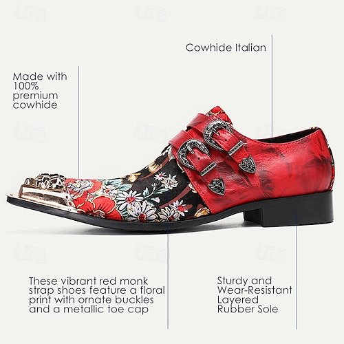  Men's Red Floral Embroidered Double Monk Strap Shoes with Metallic Toe Detail