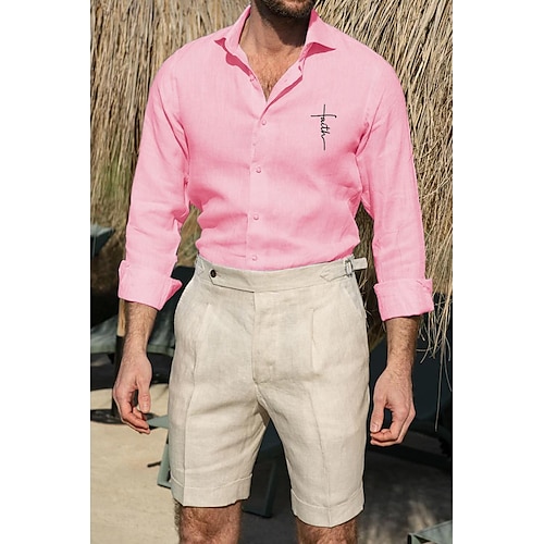  Per uomo Camicia Camicia bianca di cotone Camicia casual Camicia in cotone e lino Camicia di cotone Croce Vacanza Camicia hawaiana Nero Bianco Rosa Grigio Manica Lunga Bavero Primavera & Autunno