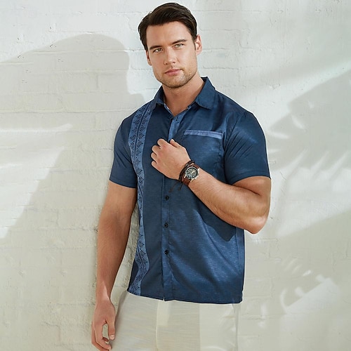  Voor heren Blad Etnisch Zomer overhemd Normaal shirt Overhemd met knopen Korte mouw Modieus Comfortabel Vakantie Dagelijks Feestdagen Zomer Revers Afdrukken Voorvak Rood blauw Groen Donkergrijs