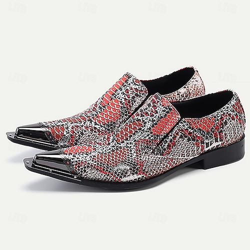  Herr Tofflor och Slip-Ons Tryck skor Klänningslakor Ormskinnskor Läder Italienskt fullkornigt kohud Bekväm Halksäker Loafers Röd