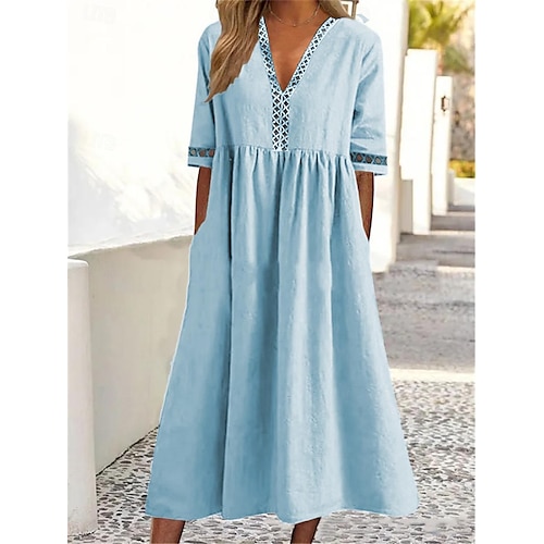 Femmes Blanche Rose Claire Bleu Été Printemps Robe Midi Robes en coton et lin Robe Décontractée Basique Moderne Quotidien Week-end Coupe Ample Uni Col en V