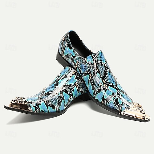  Kožené slip-on mokasíny s hadím potiskem pro muže - Stylové šaty s úzkou špičkou a kovovými špičkami