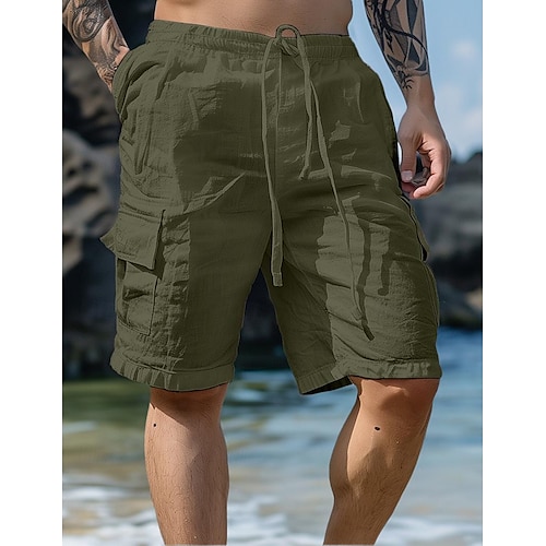  Per uomo Pantaloncini Pantaloncini di lino Pantaloncini estivi Pantaloncini da spiaggia A cordoncino Vita elastica Multi tasca Liscio Lunghezza del ginocchio Esterno Spiaggia Hawaiano Informale Verde