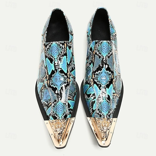  Kožené slip-on mokasíny s hadím potiskem pro muže - Stylové šaty s úzkou špičkou a kovovými špičkami