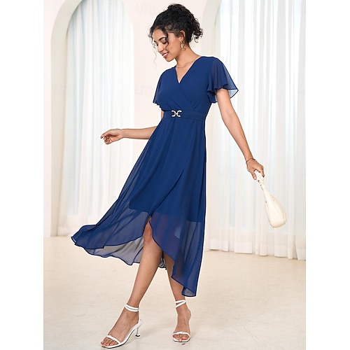  Dame Elegant kjole Midikjole Chiffon Flettet Drapering Fest Bryllupsgjest Cocktailfest Elegant Crew-hals Ermeløs Mørkeblå Farge