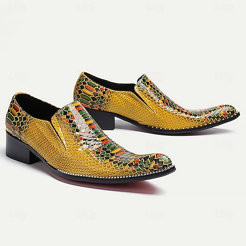  Herr Tofflor och Slip-Ons Tryck skor Klänningslakor Ormskinnskor Läder Italienskt fullkornigt kohud Bekväm Halksäker Loafers Ljusgul