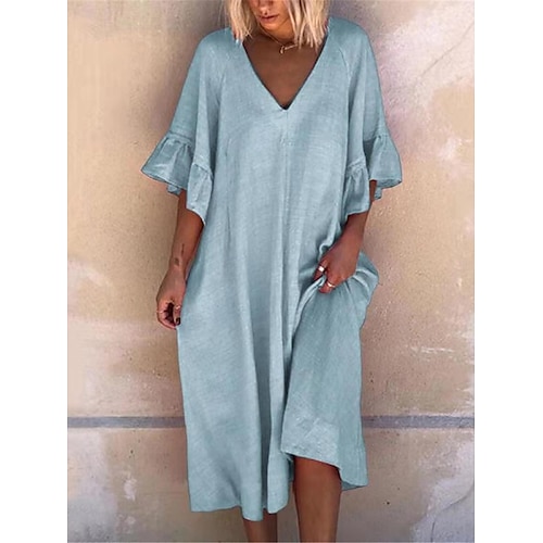 Femmes Rose Claire bleu marine Bleu Été Printemps Robe Midi Robes en coton et lin Robe Décontractée Basique Moderne Quotidien Week-end Coupe Ample Uni Col en V