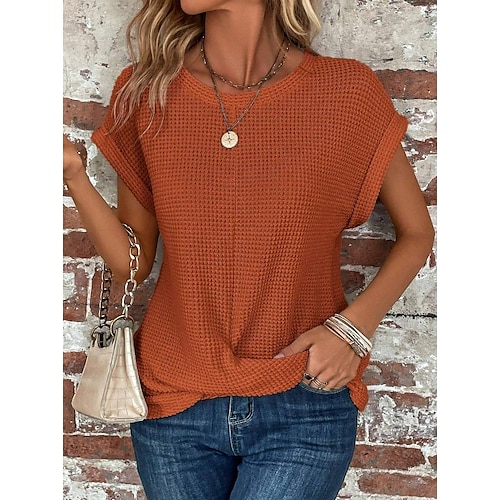  Damen Strickoberteil mit V-Ausschnitt, kurze Ärmel, elastisch, weich, gebranntes Orange, lässig, lockere Passform, vielseitige Frühlings- und Herbstkleidung
