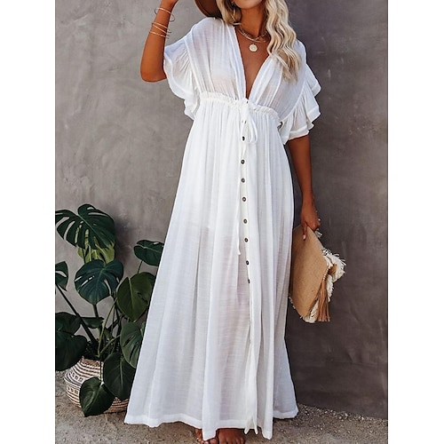Femmes Robe maxi Robes inspirées du lin Robe Blanche Robe évasée Robe d'été Streetwear Robe Maxi Basique Vacances Fête Plage Coupe Ample Manche Courte Col en V Noir Blanche Kaki Beige Été
