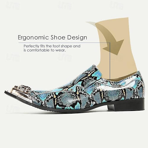 Kožené slip-on mokasíny s hadím potiskem pro muže - Stylové šaty s úzkou špičkou a kovovými špičkami