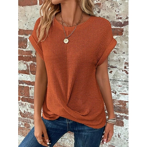  Damen Strickoberteil mit V-Ausschnitt, kurze Ärmel, elastisch, weich, gebranntes Orange, lässig, lockere Passform, vielseitige Frühlings- und Herbstkleidung