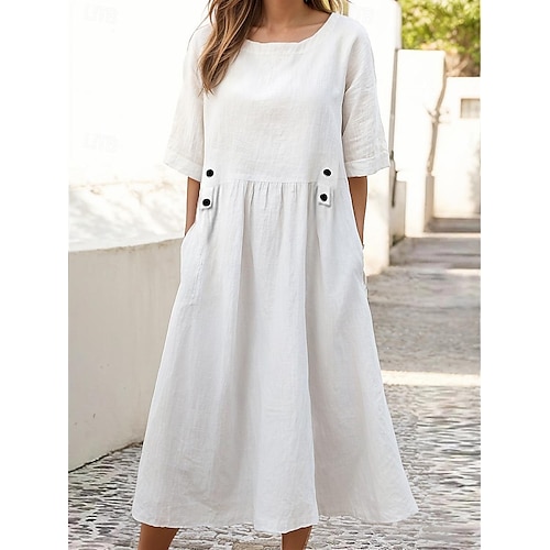 Mujer Blanco Morado Verde Trébol Verano Primavera Vestido Midi Vestidos inspirados en el lino Vestido blanco Vestido informal Básico Diario Fin de semana Holgado Plano Cuello Barco