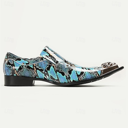  Kožené slip-on mokasíny s hadím potiskem pro muže - Stylové šaty s úzkou špičkou a kovovými špičkami