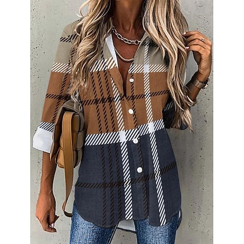 Camicia da donna moda scozzese con bottoni stampa maniche lunghe top regolare colletto casual rosso blu khaki grigio primavera e autunno
