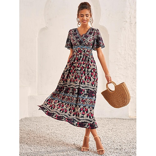  Dames Halflange jurk Schede jurk Swingjurk Elegant Flutter mouw Vakantie Dagelijks Strand Normale pasvorm Bloemig Korte mouw V-hals Wijn Zomer Lente