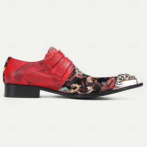  Men's Red Floral Embroidered Double Monk Strap Shoes with Metallic Toe Detail