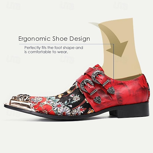  Men's Red Floral Embroidered Double Monk Strap Shoes with Metallic Toe Detail