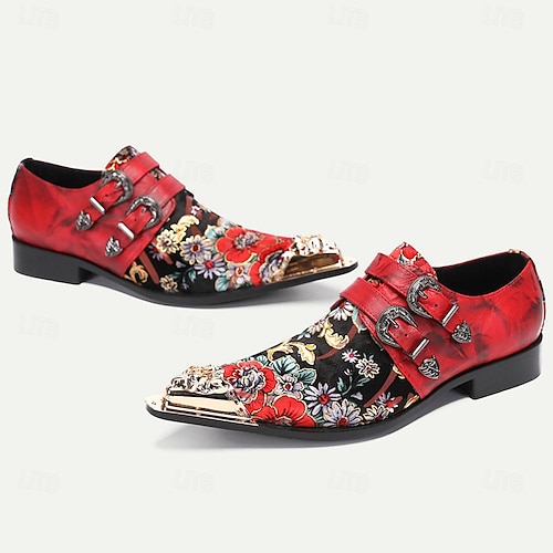  Men's Red Floral Embroidered Double Monk Strap Shoes with Metallic Toe Detail
