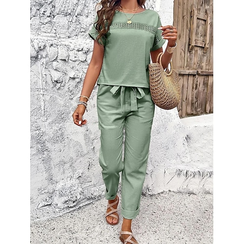 Femmes Mode Chemise Ensembles inspirés du lin Ensembles deux pièces Pantalons Manche Courte Col rond Couleur Unie Cordon de serrage Décontracté Quotidien Noir Orange Vert Printemps & Été Coupe
