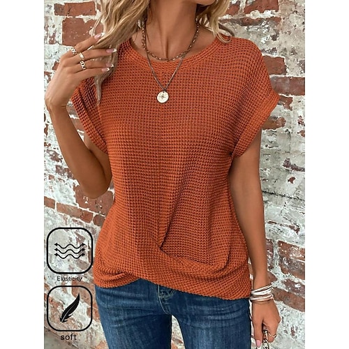  Damen Strickoberteil mit V-Ausschnitt, kurze Ärmel, elastisch, weich, gebranntes Orange, lässig, lockere Passform, vielseitige Frühlings- und Herbstkleidung