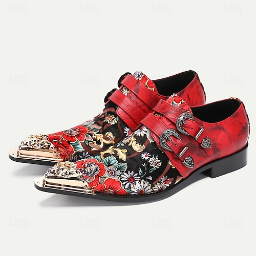  Men's Red Floral Embroidered Double Monk Strap Shoes with Metallic Toe Detail