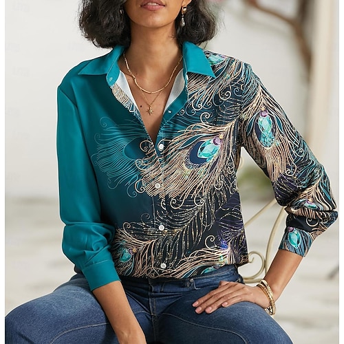 Camicia da donna Base Neon  Luminosi Bottoni Stampa Maniche Lunghe Top Regolari Collo Camicia Casual Verde Primavera Autunno