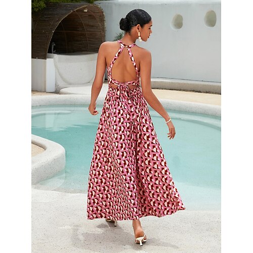  Mulheres Roupas de resort Vestido Longo Rosa Sem Manga Geométrico Guarnição do laço Primavera Verão Halter pescoço Elegante férias na praia S M L