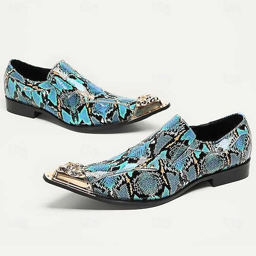  Kožené slip-on mokasíny s hadím potiskem pro muže - Stylové šaty s úzkou špičkou a kovovými špičkami