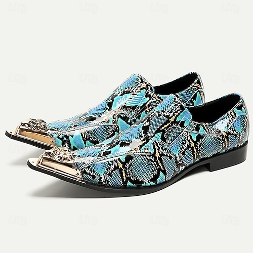  Kožené slip-on mokasíny s hadím potiskem pro muže - Stylové šaty s úzkou špičkou a kovovými špičkami