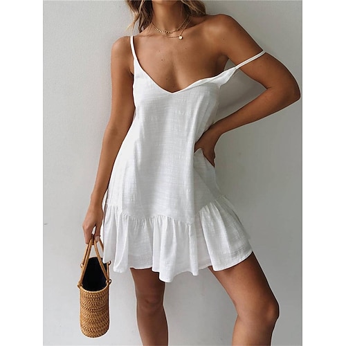 Femmes Blanche Jaune Vert Été Printemps Mini Robe Robe Blanche Robes en coton et lin Robe à bretelles Basique Moderne Occasionnel Quotidien Week-end Coupe Ample Uni Bretelles spaghetti