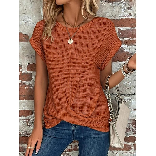  Damen Strickoberteil mit V-Ausschnitt, kurze Ärmel, elastisch, weich, gebranntes Orange, lässig, lockere Passform, vielseitige Frühlings- und Herbstkleidung