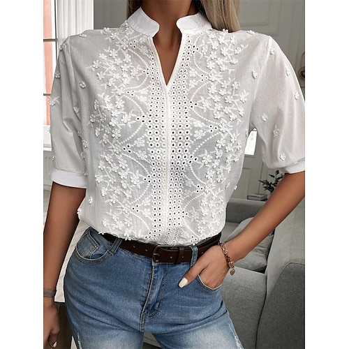 

Shirt Lace Shirt Blouse Dressy Tops Women's White Plain Eyelet Lace Street Daily Basic Modern V Neck Regular Fit S