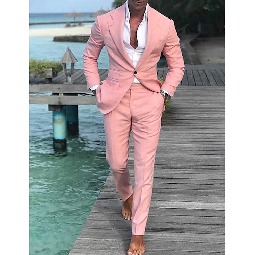

Men's Wedding Linen Suits Beach Summer Solid Colored 2 Piece Tailored Fit Single Breasted One-button Light Blue Champagne Pink 2024