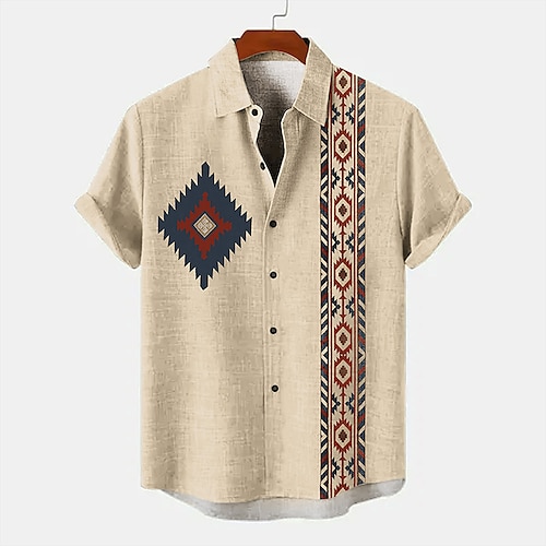 

Men's Ethnic Shirt Holiday Casual Tribal Summer Spring Stand Collar Short Sleeve Blue, khaki Shirt 18.6% Linen 63.2% Polyester 18.2% Cellulose Fiber