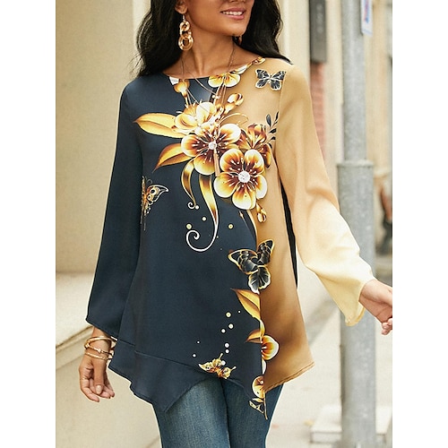 

Women's Shirt Blouse Chiffon Floral Print Asymmetric Casual Holiday Long Sleeve Round Neck Yellow Spring & Fall