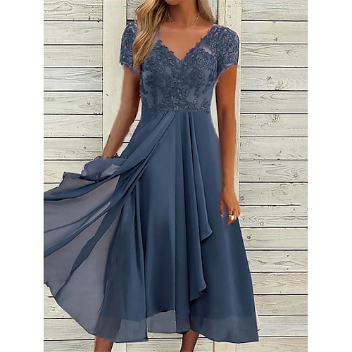 

Women's Lace Dress Midi Dress Chiffon Lace Patchwork Date Vacation Streetwear Casual V Neck Short Sleeve Blue Green Color
