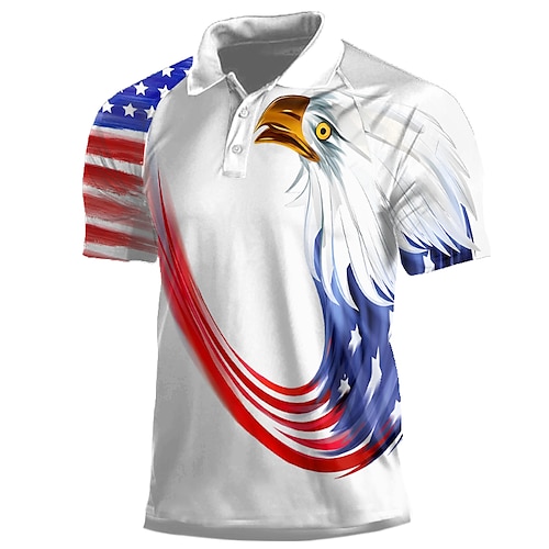 

National Flag Men's Casual 3D Polo Shirt Street Daily Holiday American Independence Day Polyester Short Sleeve Turndown Polo Shirts White Spring & Summer S M L Micro-elastic Lapel Polo