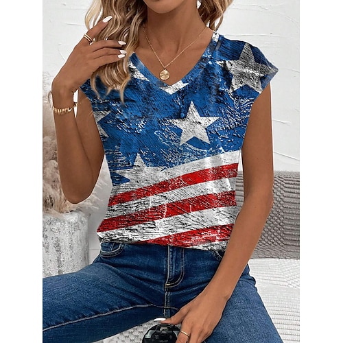 

Women's T shirt Tee American Flag Independence Day Daily Casual Short Sleeve V Neck Blue Summer