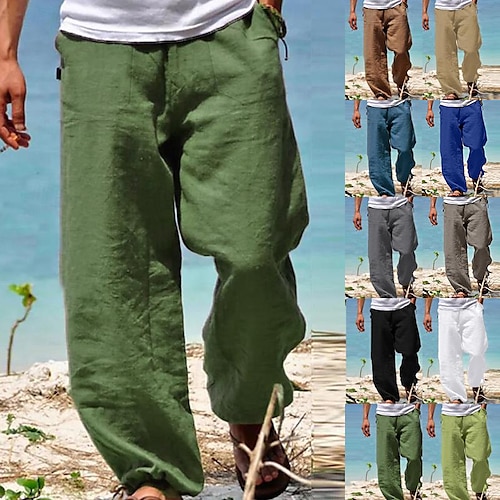 

Men's Linen Pants Trousers Summer Pants Beach Pants Drawstring Elastic Waist Straight Leg Plain Comfort Yoga Daily Fashion Streetwear Navy Black