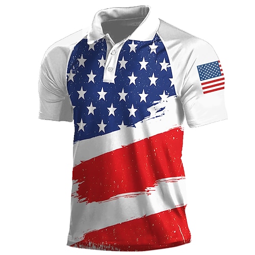 

National Flag Men's Casual 3D Polo Shirt Street Daily Holiday American Independence Day Polyester Short Sleeve Turndown Polo Shirts White Blue Spring & Summer S M L Micro-elastic Lapel Polo