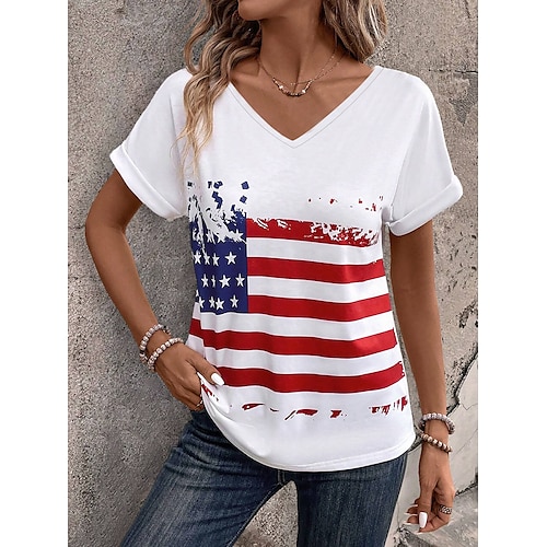 

Women's T shirt Tee American Flag Independence Day Daily Vacation Stylish Short Sleeve V Neck White Summer