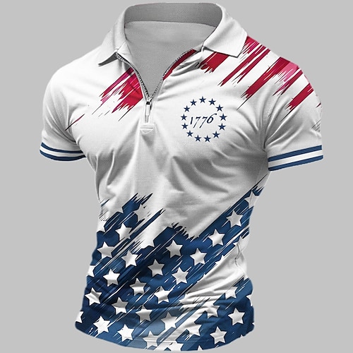 

National Flag Men's Casual 3D Zip Polo Street Daily Holiday American Independence Day Polyester Short Sleeve Turndown Polo Shirts White Spring & Summer S M L Micro-elastic Lapel Polo