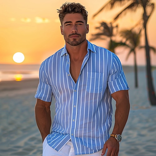 

Men's Shirt White Blue Short Sleeve Striped Vertical Stripes Turndown Outdoor Causal Button Clothing Apparel Vacation Daily