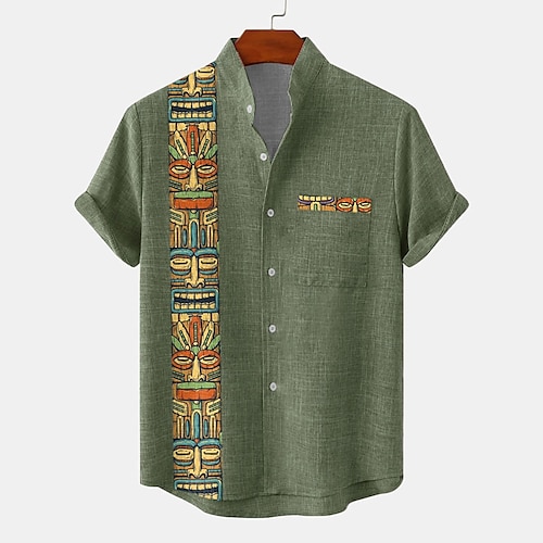 

Men's Ethnic Shirt Holiday Casual Tribal Summer Spring Stand Collar Short Sleeve Dark Green, Green, Khaki S, M, L Polyester Shirt