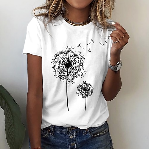 

Women's T shirt Tee 100% Cotton Black White Yellow Butterfly Dandelion Print Short Sleeve Casual Holiday Basic Round Neck Regular Floral Painting S