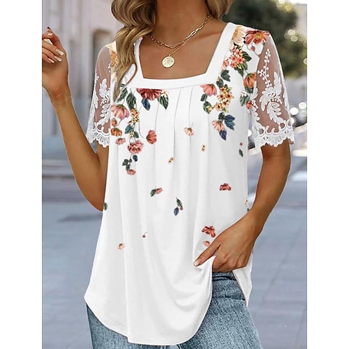 

Women's T shirt Tee Lace T-shirt Mesh Patchwork Top Floral Holiday Weekend Lace Print White Short Sleeve Basic Square Neck